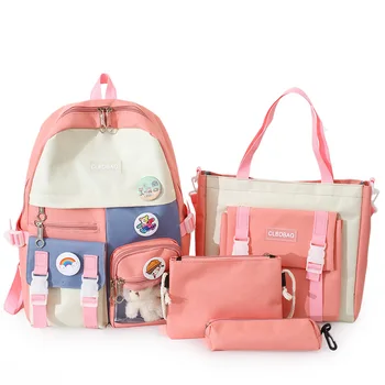 4 Броя Комплекти Холщовые Училищни чанти За Момичета, Юноши Чанта През Рамо Нова Мода Жените Раница Студентите Bookbag 2021 Mochila Пътна чанта