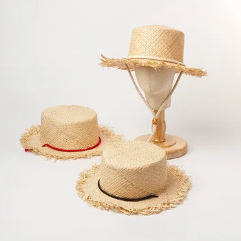 Grils Годишният Нов Рафия Hat Деца Каишка Лента Плосък Топ Sun Hat Деца Открит Пътуване Плаж Шапка Чадър И Слънцезащитен Крем, Шапка Слама