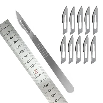 10 броя нож скалпел от неръждаема стомана + 1 бр дръжки скалпел САМ режещ инструмент ремонт на ПЕЧАТНИ платки животно скалпел нескользящий метал
