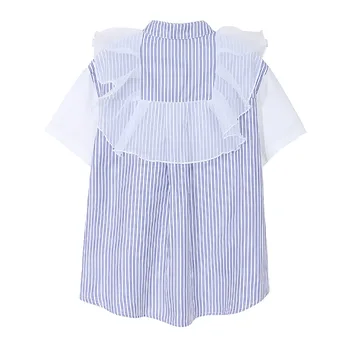 [ИАЛ] Жените Синьо Райе Голям Размер на Окото Блуза Нова Стойка Яка С Къс Ръкав в Свободна Засаждане Риза Мода Пролет Лято 2021 1DD7372