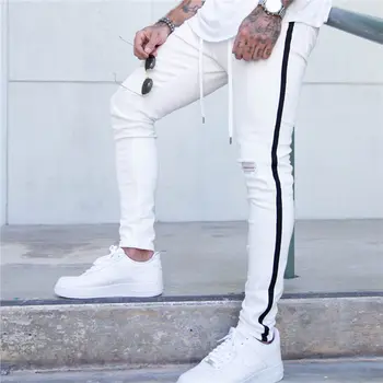 Мъжки черни райета Печат Дупка Тесни Реколта Бели Дънки Модата на Скъсаните Тънки Дънкови Панталони За Мъже 2020 Мъжки Хип-хоп Дънкови панталони