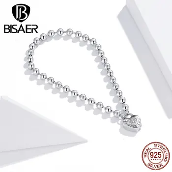 Bisaer Real 925 Sterling Silver Bead Chain Гривна Циркон Верига Braceltes For Women Silver Wedding Fine Jewelry Gift ECB203