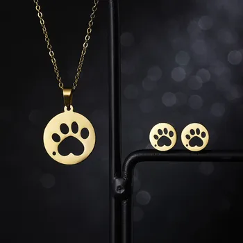 Rinhoo 1Set Злато от Неръждаема Стомана Кух Сърцето Котка Куче Нокът Висулка Колие и Обеци За Жени, Мода Бижута Подарък