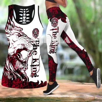 The Lion King Tattoos Two Piece Yoga Set Women 3D Print Vest Hollow Out Tank Top High Waist Legging Summer Casual Sport