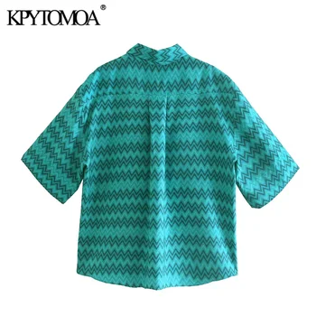 KPYTOMOA Women 2021 Мода С джобове Геометричен принт Асиметрия Блузи Реколта С Къс Ръкав копчета дамски ризи Шик върха