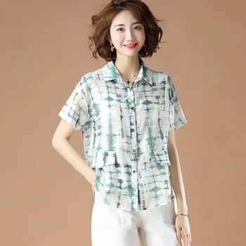 Плюс Размер Дамски Летни Ежедневни Ризи Нов 2021 Корейски Прост Стил Ретро Принт Свободни Дамски Блузи с Къс Ръкав Тениски B098