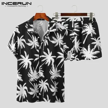 INCERUN Men Printed Sets Градинска Дрехи С ревери на Ризата С Къс Ръкав Плажни Шорти Дишаща Почивка Ежедневни Летни мъжки Хавайски костюми