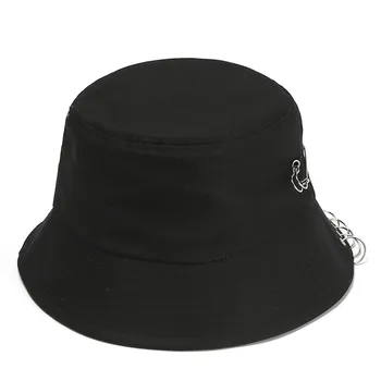 Готика Момиче Harajuku Hat Female Ins Trendy High Street Hip Hop Пин Rings Dark Cross Bucket Caps Summer Гръндж Brim Hat Women Black