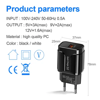 3A Quick Charge 3.0 USB Charger EU Wall Mobile Phone Charger Adapter за iPhone X MAX 7 8 QC3.0 Бързо Зареждане за Samsung Xiaomi