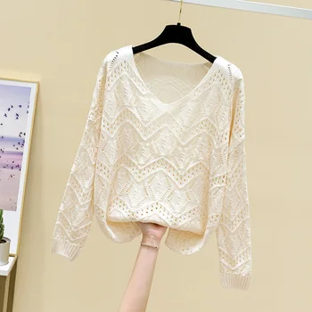 Выдолбленный пуловер женски корейски свободно спускане топ с дълъг ръкав 2021 пролет нова мода V-образно деколте и тънък пуловер
