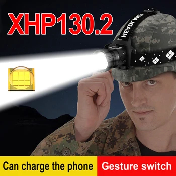 Gesture Sensor XHP130.2 LED Headlamp Head Flashlight Вграден USB Акумулаторна Батерия 18650 Преносим Фенер Риболов Главоболие Светлина