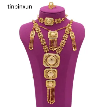 PINXUN Dubai Gold Color Колие и Гривна, Пръстен и Обеци Комплект Бижута За Жени Африканска Етиопия Сватбени Подаръци За Сватбени Партита Кръг