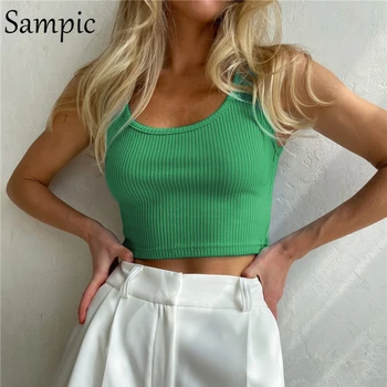 Sampic Ежедневни Зелена Вязаная Лятна Тениска Върховете Skinny Basic Mini Strap Crop Върховете 2021 Fashion Y2K Streetwear Club Sexy Tank Top