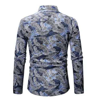 Blue Leaves Print Dress Shirt Men 2021 Brand New Slim Fit Long Sleeve Hawaiian Shirt Mens Down Button Party Тениски For Holiday