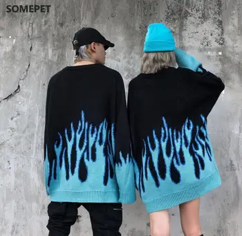 Корейски свободен вязаный пламъка на мъжете и жените хип-хоп градинска облекло о-образно деколте пуловер пуловер