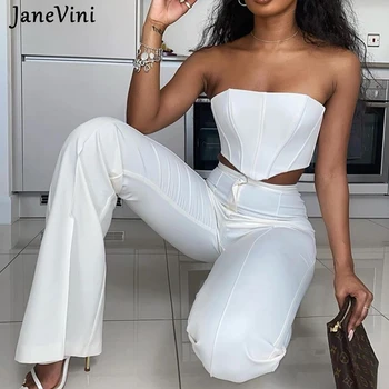 JaneVini 2021 Дамска Мода Клеш Панталони Комплект Корсет Съкратен Топ +Висока Талия и Дълги Панталони От две Части Комплекти Годишна Секси Дрехи За партита Съоръжения