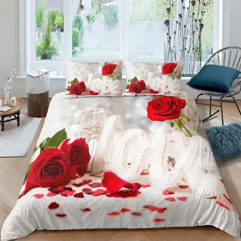 Цветя Червена Роза 3D Печатни Утешител Комплект Постелки за Възрастни Пухени Комплекти Спалня Лукс Кралица Пълен Единична King Size