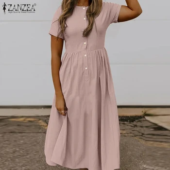 ZANZEA Елегантна рокля-риза Лятно дамско сарафан Ежедневното О-образно Деколте С Къс Ръкав и до средата на прасците Vestidos Work OL Dresses S-