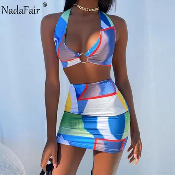 Nadafair Mini Sexy Women Dress Sets Multi Club Outfits Равенство Halter Neck 2021 2Piece Bodycon Beach Cut Out без гръб Summer Dress
