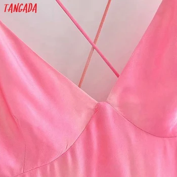 Tangada Women Розовата Вратовръзка Dyed Print Dress Sleeveless без гръб 2021 Summer Fashion Lady Dresses Vestido 3H471