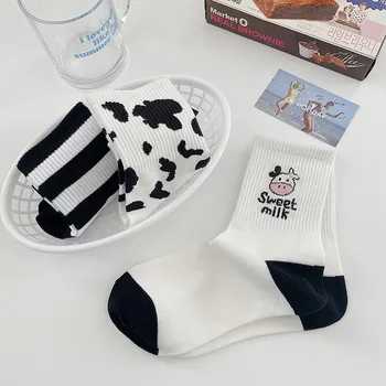 Шарени чорапи забавен кравешка принт бял карикатура calcetines уютен harajuku skarpetki damskie сладък животни chaussettes kawaii щастлив чорап