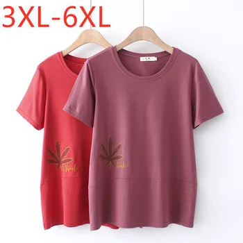 Нов 2021 Дами Лятото Плюс Размер Блузи За Жени Голям Къс Ръкав Свободни Червено, Лилаво Памук Цвете О-образно деколте Тениска 3XL 4XL 5XL 6XL