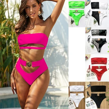 LadY Fashion Summer Sexy Bikini Womens Soild Color Bandeaukini Swimwear Женски Полиестер Бански Момичета, Плажни Дрехи, Бански