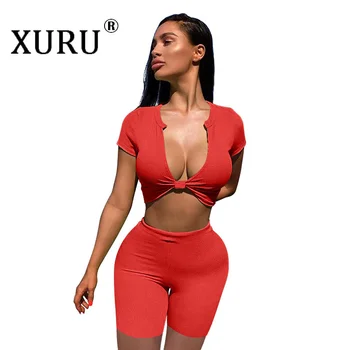 XURU Summer New Sexy High waist Анцуг от две части за Европейски и американски V-образно деколте Къс Гащеризон