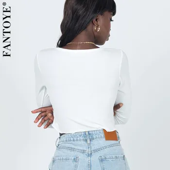 Fantoye Дълбоко V-образно деколте Однобортная тениска Дамска Бяла Базова Тениска С дълъг Ръкав Femme Summer Streetwear Skinny Casual T-Shirt 2021
