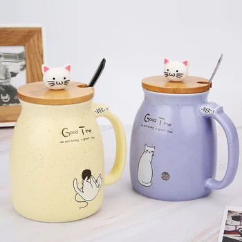 сладък котка кафеена чаша мляко люспи на чаша чаша с капаци лъжица керамична чаша кафе Карикатура смешни розови creativas tazas чаши