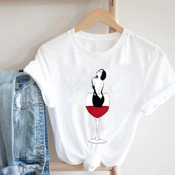 Дамски печатна Облекло Wine Лейди С Къс ръкав в Ежедневието на 90-те години на Карикатура на Модни Дрехи с принтом Тениска Топ Тениска Дамски графична тениска