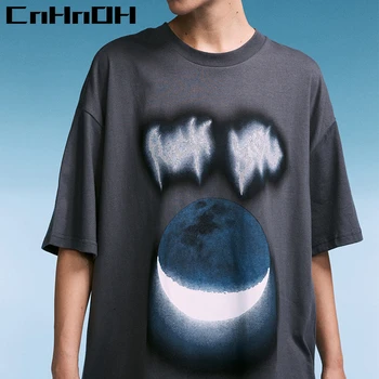 CnHnOH Нов прием на мода мъжки тениски Писмо е Отпечатан С Намаляване на Луната, Блестящи Големи Топ Унисекс облекло 9672