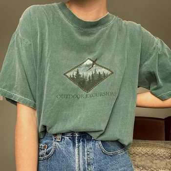 Чист Памук Зелен Орел В Гората Модел Тениски Извънгабаритни за Момичета, Юноши Американски Стил Винтидж Блузи Лятна Мода