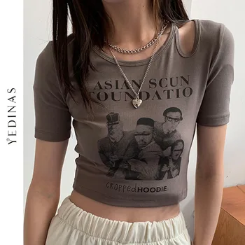 Yedians Summer T-shirt Women Short Sleeve Print Graphic T Тениски Irregual Смешни T Тениски Women Slim Crop Top Harajuku Tee Tops