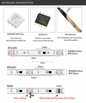 WS2811 RGB Led Strip Light 5050 SMD Addressable 30 60 светодиода External 1 IC Control 3 Светодиода IP30/IP65/IP67 Smart Pixel Светлини DC12V