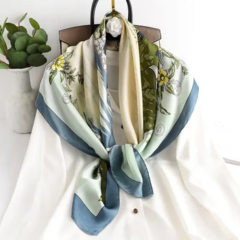 Луксозни 90Х90 см пролет и есен, жените печат копринени шалове туризъм Цвете Квадратен шал Мода приморски слънцезащитен крем за качество шал