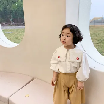2021 пролет нови корейски момиче бродирани цветя квадратни ризи с яка деца с дълъг ръкав лацканы блузи, потници, облекло на деца на детето
