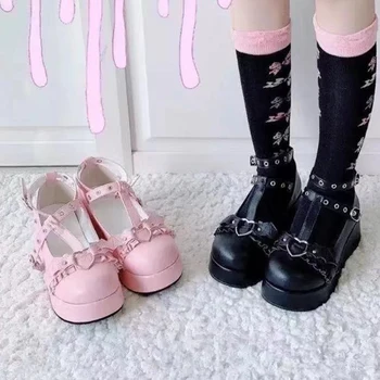 2021 WomenGirls Lolita Shoes Омъжи Janes Дамски Розови Черни кожени обувки Cosplay Японски Готически Крила на прилеп къдри Обувки