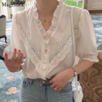 Годишната лейси куха дамска риза с къс Ръкав Корейски Шик Ретро V-образно деколте Разрошени Бели дамски блузи Корейски Ежедневни Блузи 14366