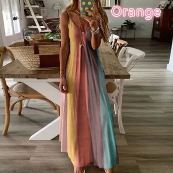 Дълга рокля Женски Тропическо печатното Рокля с каишка от 2021 Sleeeless Beach Party Dresses Women Casual Neck Robe Summer сарафан
