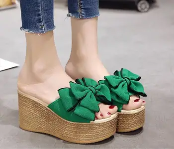 флок лук възел гъст дъното на клинове, сандали дами много цветя украсяват джапанки летни сандали на платформа feminina 2021 нова