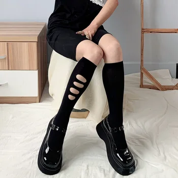 Мода Черна Дупка Чорапи Жени Асиметрия Високи Дамски Чорапогащи С Кадифени Дълги Чорапи Крака Лятна Рокля Calcetine Медии