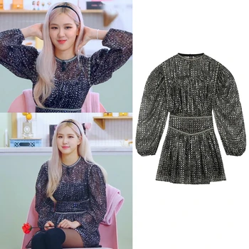 Kpop Korean Celebrity ROSE New Vintage Full Sleeve Mini Dress Women Party Fashion High Waist Секси Round Collect Sequins Dresses