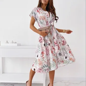 Hirigin Summer Shirt Dresses Vintage Fashion Губим Casual Printed With Belt Dress Women Boho Quarter Sleeve Елегантна рокля Роба