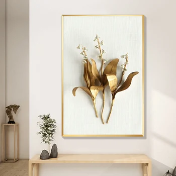 Nordic Golden Plant Leaves and Flowers Oil on Canvas Живопис Quadro Плакати и щампи Cuadro Wall Art Pictures Home Decoration