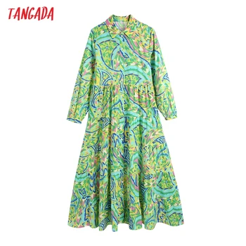 Tangada Women Green Printed Губим Long Dress Vintage Three Quarter Sleeve Button-up Дамски рокли Vestidos BE791
