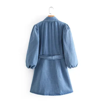 EOICIOI Za Blue Denim Shirt Dress Women Summer 2021 Къси рокли Дамски, с дълги буйни Ръкав Елегантен колан Ежедневни дамски рокли