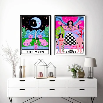 Nordic abstract tarot карти влюбените wall art picture платно живопис watercolor moon plant poster prints living room home decorati