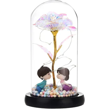 Цветна Омагьосан Цвете Роза LED Light String Beauty and The Beast Rose In Glass Dome Eternal Crystal 24-каратово Злато Rose Lamp Decor