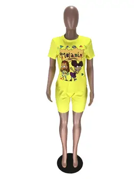 Спортен костюм Дамски Шорти Комплект Lounge Set Спортен Костюм Дамски Летни Дрехи Тениска Комплект от две части Cartoony принт Джогинг Femme 2021